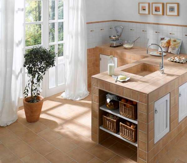 small kitchen design with tiled countertop