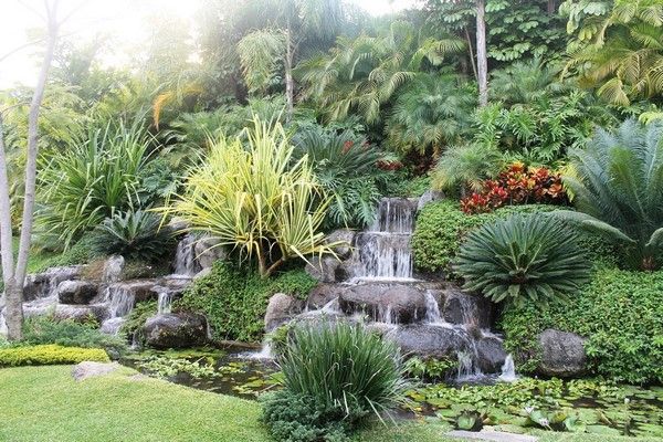 tropical landscape ideas slope garden rock waterfall