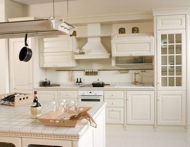 white kitchen design with ceramic tile worktops