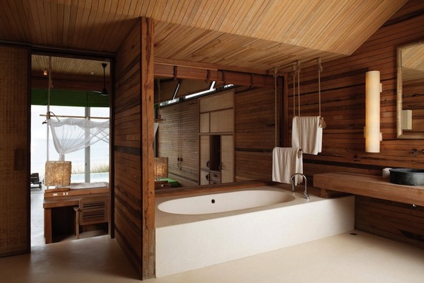 wooden ceiling in modern bathroom interior design