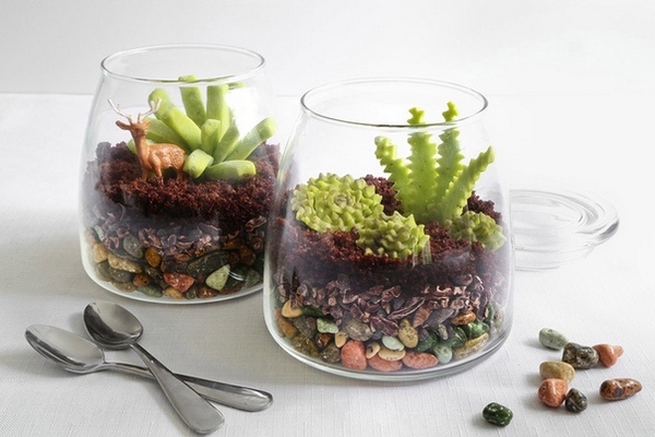 DIY small terrariums ideas succulents colorful stones