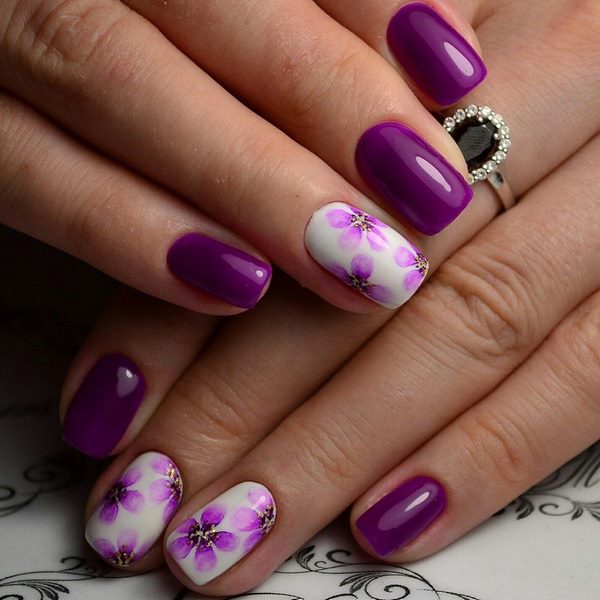 Spring gel nails ideas purple and floral pattern