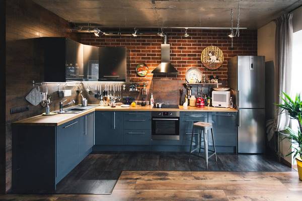amazing kitchen designs blue cabinets exposed brick wall