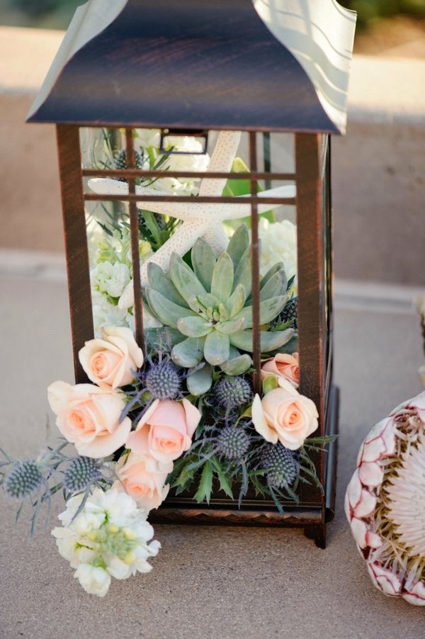 arrangement succulents in lantern flowers rustic style vintage accessories