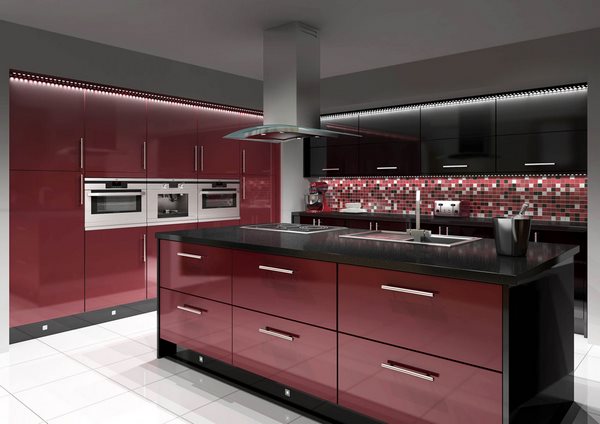 burgundy kitchen cabinets white flooring modern interior