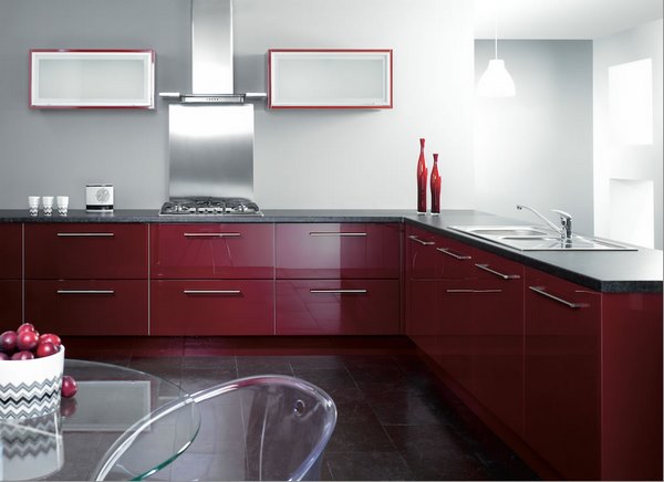 contemporary kitchen burgundy cabinets glossy finish