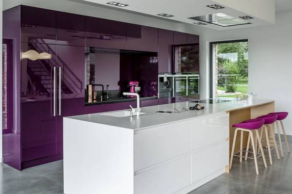 contemporary kitchen in purple and white