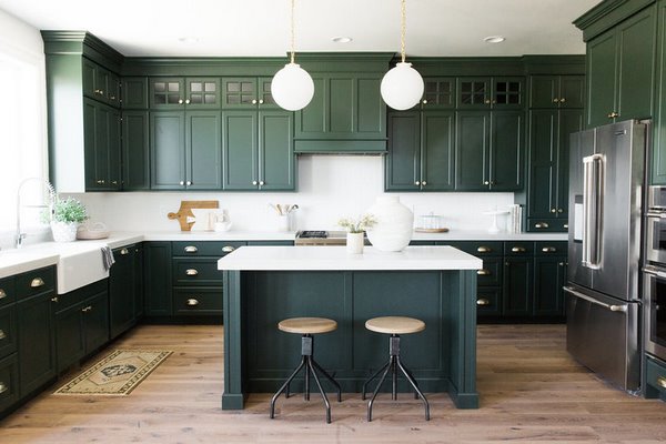 elegant dark green kitchen cabinets apron sink wood flooring