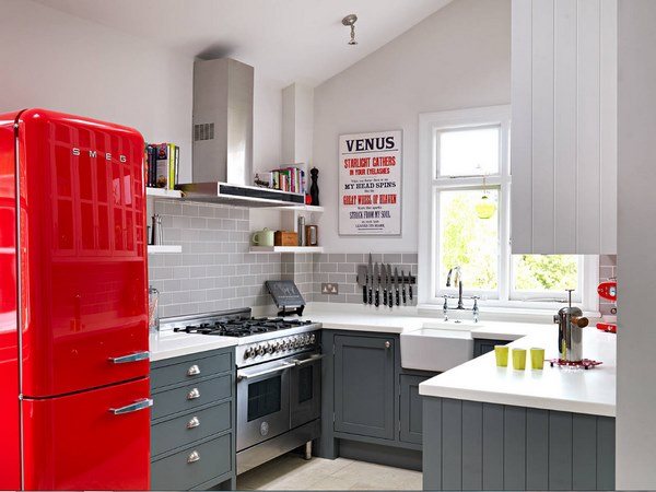 retro style kitchen design gray cabinets red refrigerator