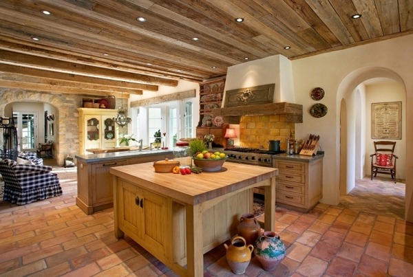 modern kitchen in country Tuscan style natural materials terracotta wood stone
