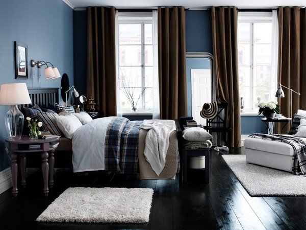 blue and brown bedroom interior wood flooring