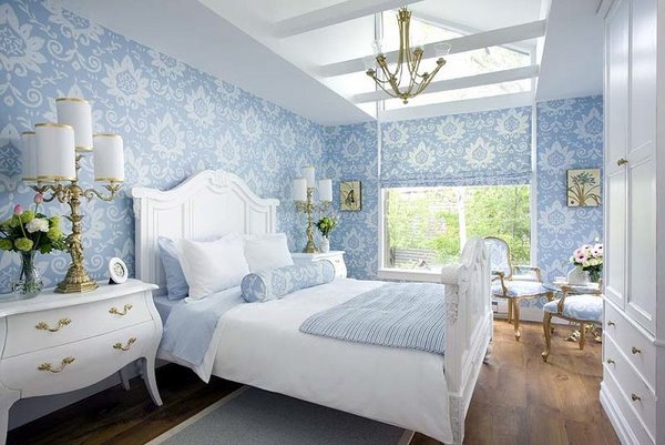 elegant bedroom in blue and white classic style interior