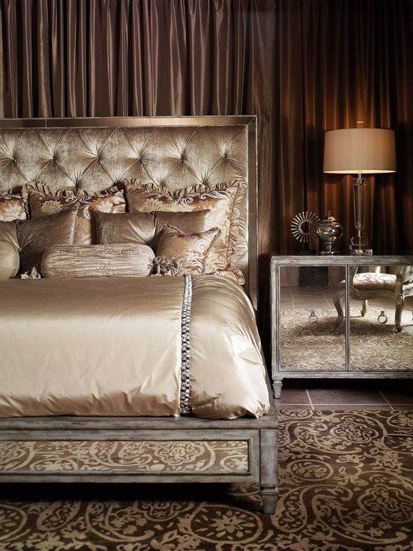 luxurious bedroom design tufted headboard mirror nightstand