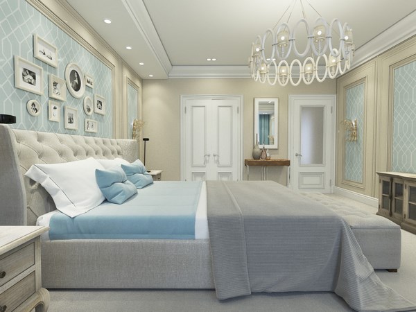 pale blue and beige interior in modern bedroom