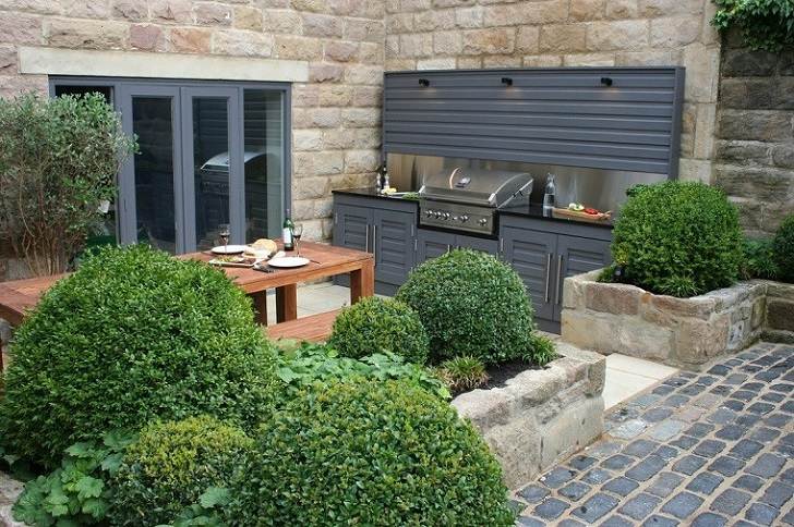 small backyard with outdoor kitchen and dining furniture