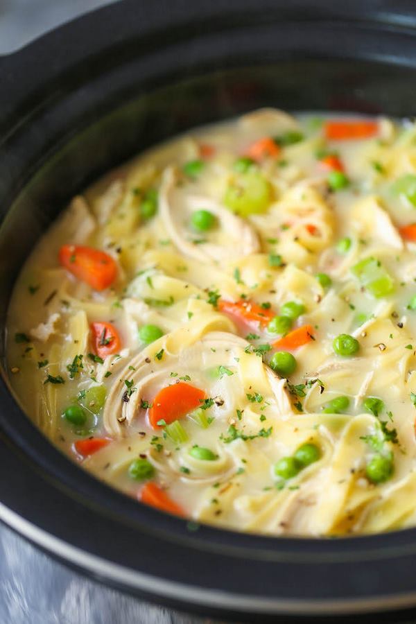 Creamy chicken noodle soup in slow cooker