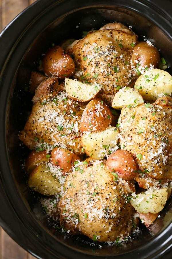 Slow cooker garlic and Parmesan chicken thighs with potatoes