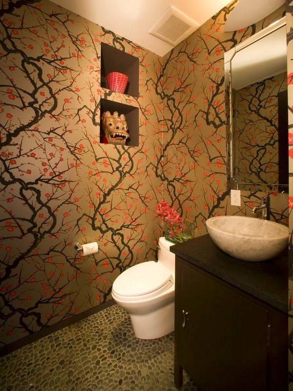 bathroom wallpaper floral pattern built in shelves dark wooden vanity