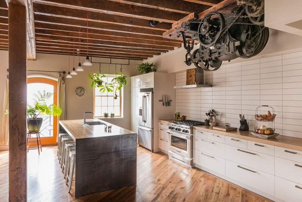 best industrial kitchen designs wood flooring exposed ceiling beams