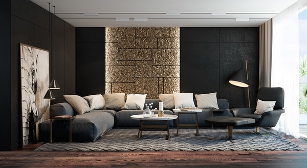 black living room with spectacular accent wall