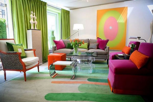 bold triadic colors in midcentury modern living room decor