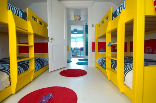 bunk beds yellow white red colors blue accents