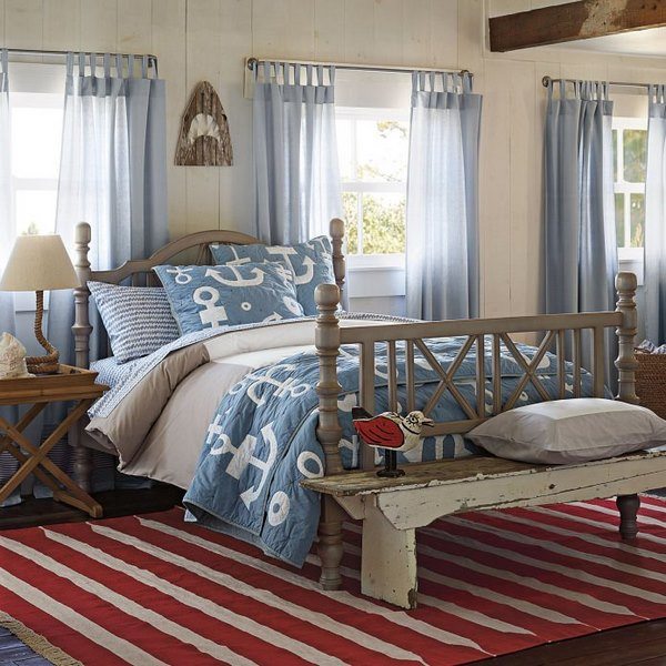 coastal decor in master bedroom red white striped area rug
