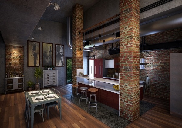 creative kitchen design ideas wood flooring brick wall modern cabinets