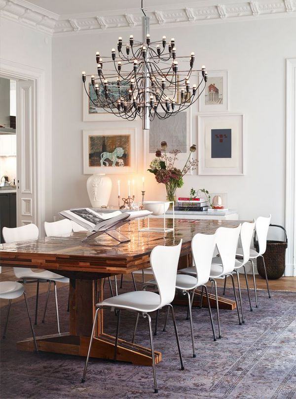 dining room decor ideas vintage rug solid wood table white chairs