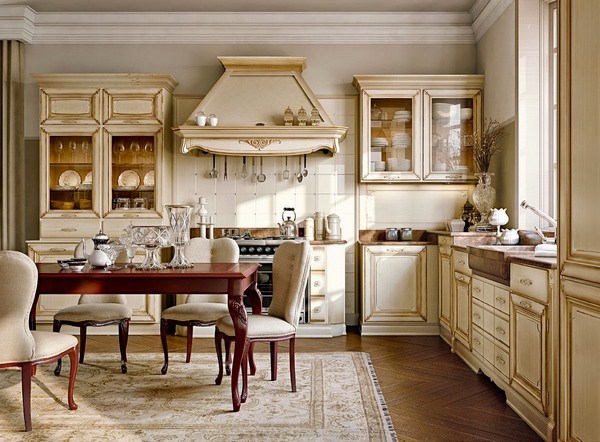 elegant kitchen vanilla color cabinets dining furniture area rug