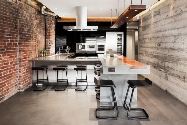 industrial kitchen concrete and brick walls modern furniture