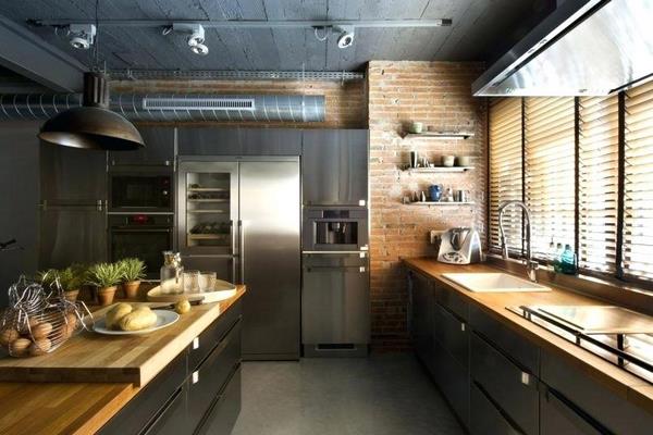 industrial style loft kitchen exposed brick wall wood countertop