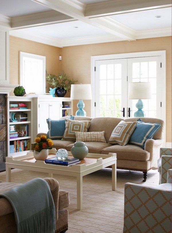 inspiring living room beige wall color blue accents