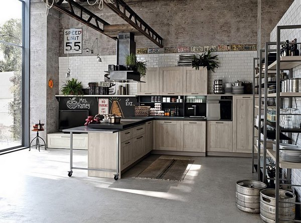 loft kitchen design ideas concrete flooring open shelves