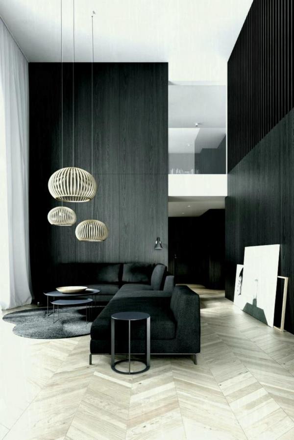 minimalist interior ideas parquet flooring black sofa