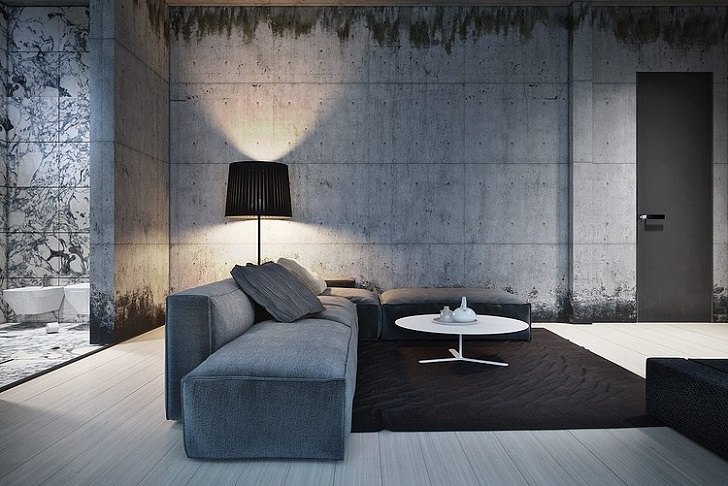 minimalist living room interior design ideas grey sofa concrete walls