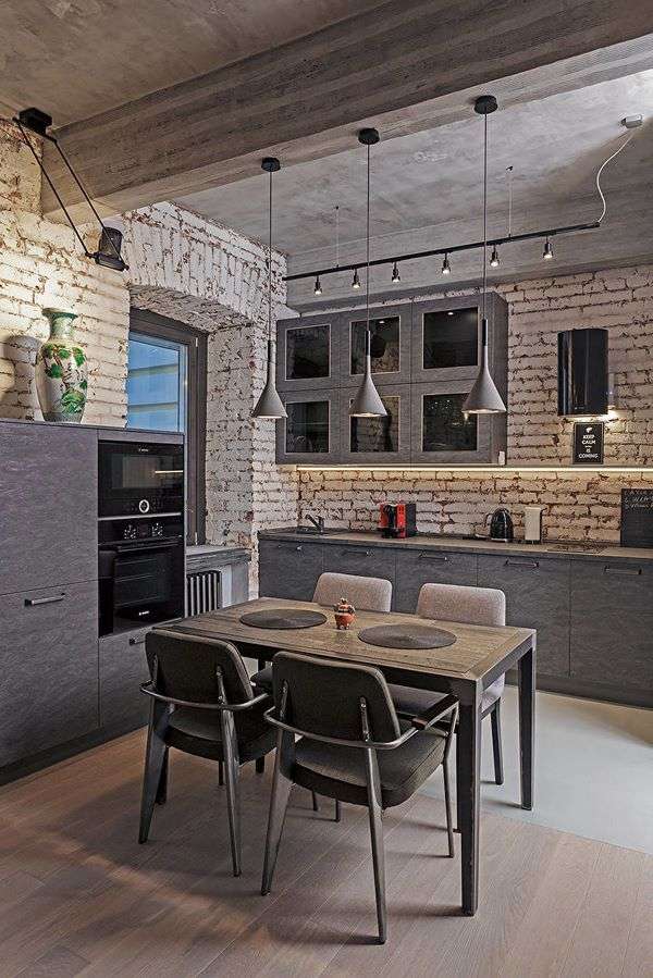 modern elegant industrial style kitchen design grey cabinets whitewashed brick wall