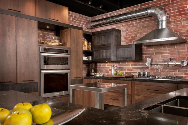 modern kitchen cabinets brick wall industrial style decor