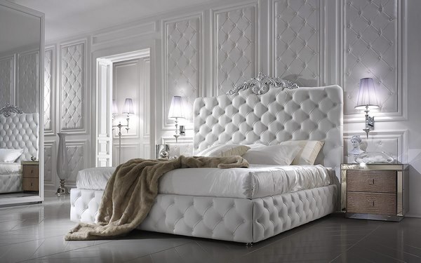 white bedroom tufted wall panes and headboard white furniture