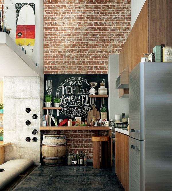 small-kitchen-ideas-industrial-style-decor-exposed-bricks-chalkboard