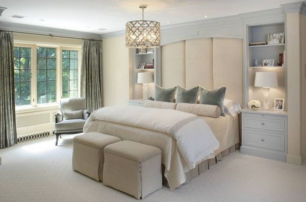 stylish bedroom design tall upholstered headboard in beige