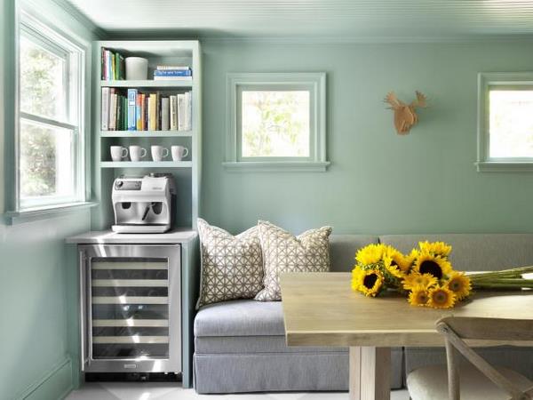 trendy living room colors green wall gray sofa