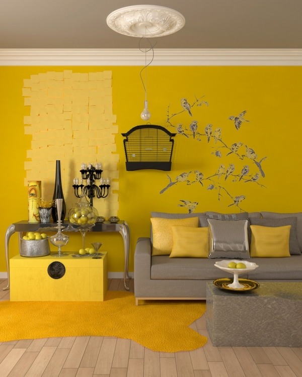 yellow living room wood flooring grey sofa