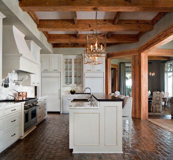Brick floor white kitchen cabinets modern home design ideas