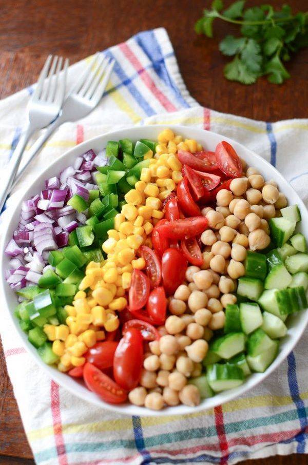 Corn chickpea salad cucumbers tomatoes pepper red onion
