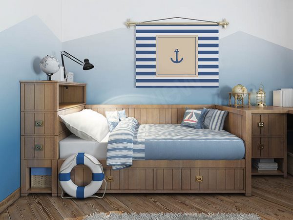 DIY kids bedroom decoration marine theme blue white colors wooden furniture