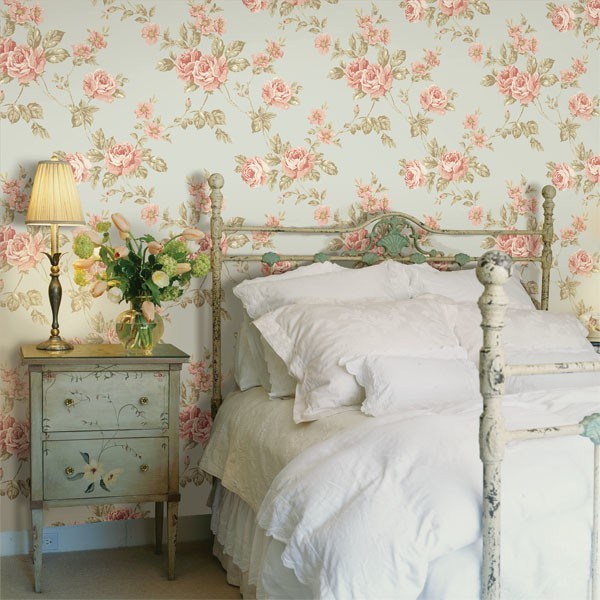 French country bedroom decorating ideas with pale blue floral wallpaper shabby chic decor