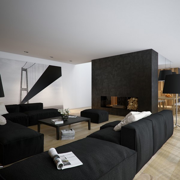 Modern black and white home interiors open plan space