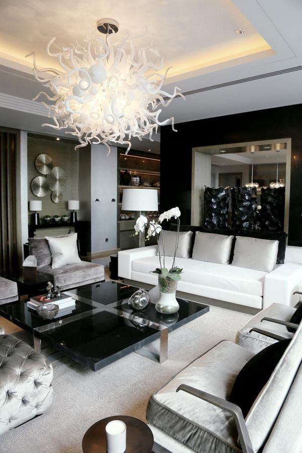 Modern black and white interiors sofa set spectacular chandelier