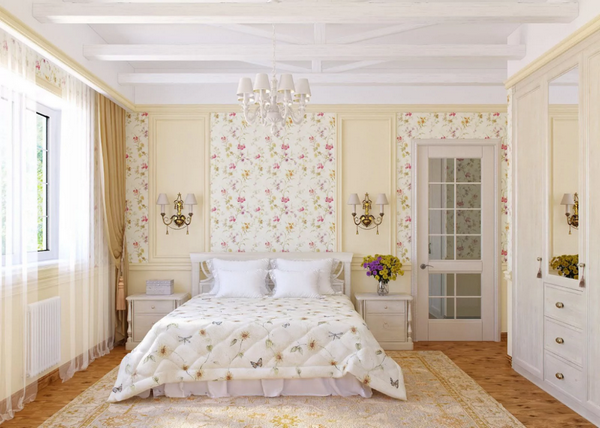 Provencal bedroom interior light colors accent wall floral pattern